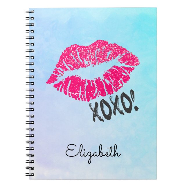 Stylish Pink Kissy Lips with xoxo! Blue Watercolor Notebook (Front)