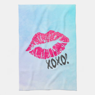 Stylish Pink Kissy Lips with xoxo! Blue Watercolor Tea Towel