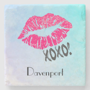 Stylish Pink Kissy Lips with xoxo! Personalised Stone Coaster