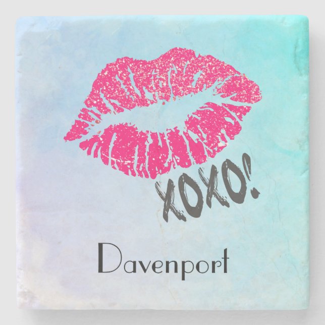 Stylish Pink Kissy Lips with xoxo! Personalised Stone Coaster (Front)
