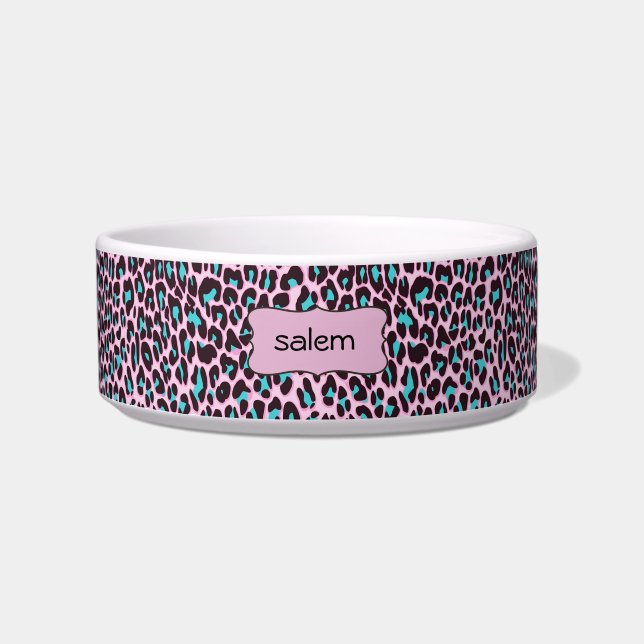 Stylish Pink Leopard Print | Personalised Pet Bowl (Front)