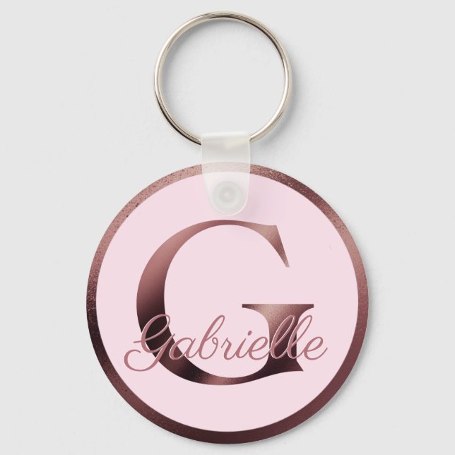 Stylish Pink Letter G Rose Gold Metallic Monogram Key Ring (Front)