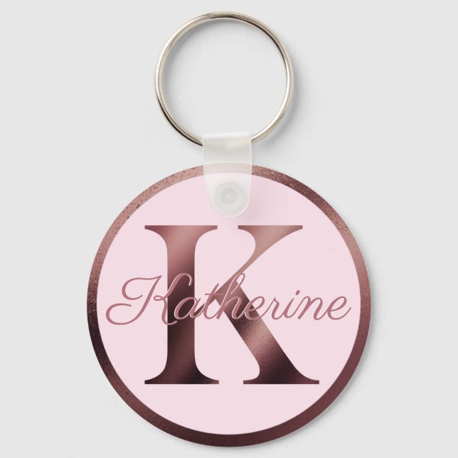 Stylish Pink Letter K Rose Gold Metallic Monogram Key Ring (Front)