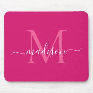 Stylish Pink Magenta White Monogram Script Modern Mouse Mat