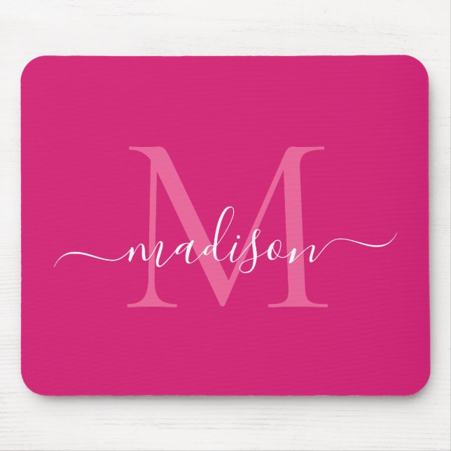 Stylish Pink Magenta White Monogram Script Modern Mouse Mat (Front)
