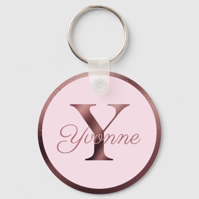 Stylish Pink Metallic Rose Gold Monogram Letter Y Key Ring (Front)