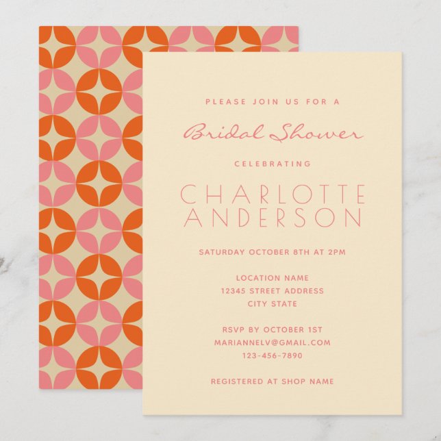Stylish Pink Mid Mod Geometric Cream Bridal Shower Invitation (Front/Back)