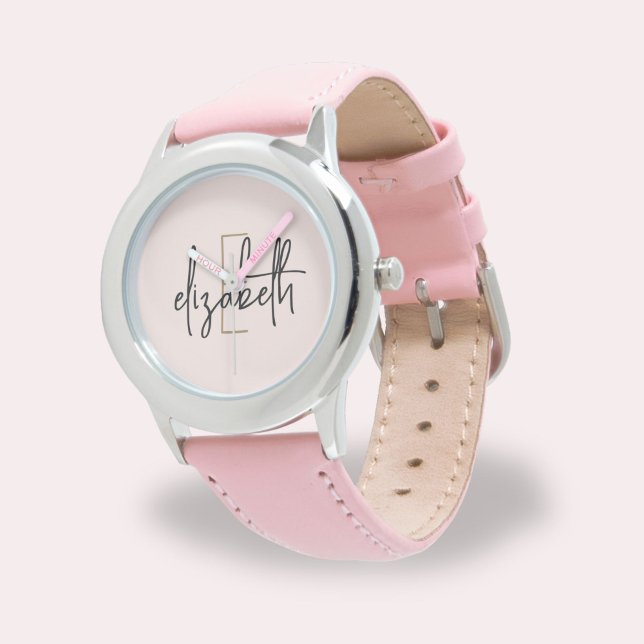 Stylish Pink Modern Script Girls Monogram Name Watch (Creator Uploaded)
