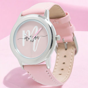 Stylish Pink Modern Script Girls Monogram Name Watch