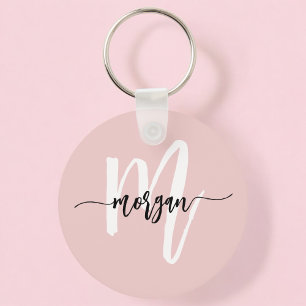 Stylish Pink Modern Script Girly Monogram Name Key Ring