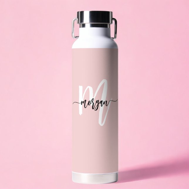 Stylish Pink Modern Script Girly Monogram Name Water Bottle (Creator Uploaded)
