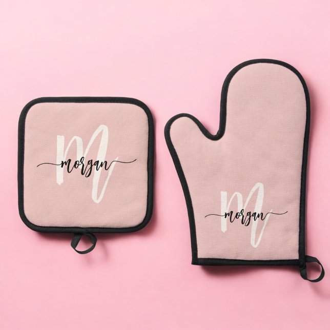 Stylish Pink Monogram Girl's Kitchen Script Oven Mitt & Pot Holder Set (Creator Uploaded)