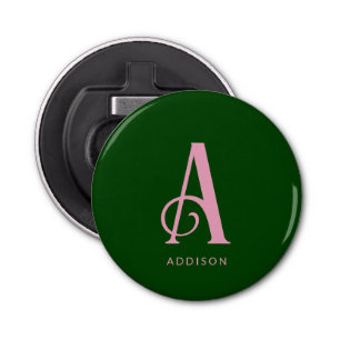 Stylish Pink Monogram Initial Name Dark Green Bottle Opener