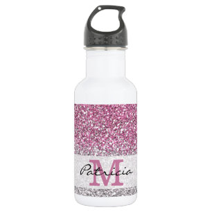 Stylish Pink Ombre Glitter Monogram Name 532 Ml Water Bottle