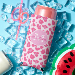 Stylish Pink on Pink Leopard Print Monogram Seltzer Can Cooler
