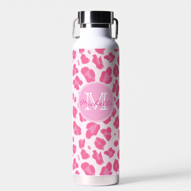 Stylish Pink on Pink Leopard Print | Monogram  Water Bottle (Front)