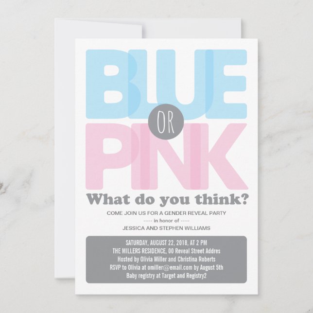 Stylish Pink or Blue Baby Gender Reveal Party Invitation (Front)