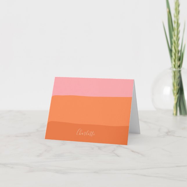 Stylish Pink Orange Abstract Stripes Script Name Note Card (Front)