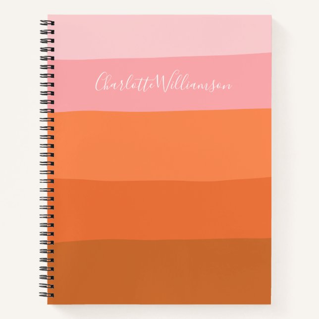 Stylish Pink Orange Abstract Stripes Script Name Notebook (Front)