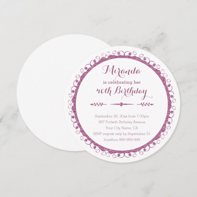 Stylish Pink Ornate Frame 40th Birthday Party Invitation (Front/Back)