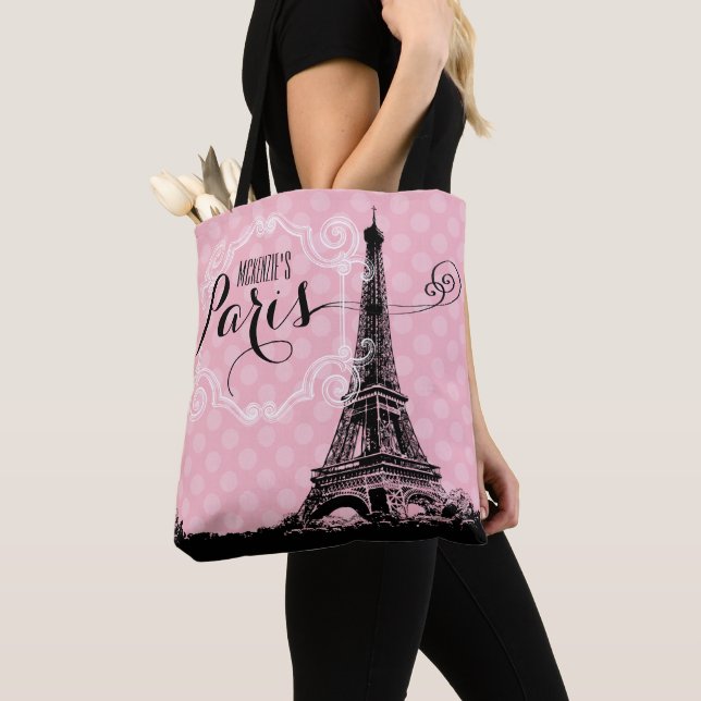 Stylish Pink Paris Eiffel Tower Monogram Name Tote Bag (Close Up)