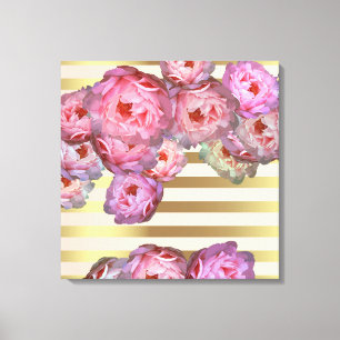 Stylish Pink Peonies On Gold Horizontal Stripes Canvas Print