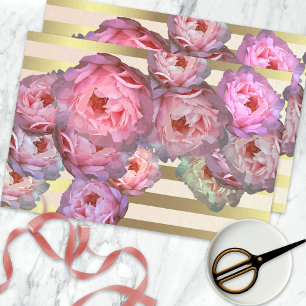 Stylish Pink Peonies On Gold Horizontal Stripes Tissue Paper