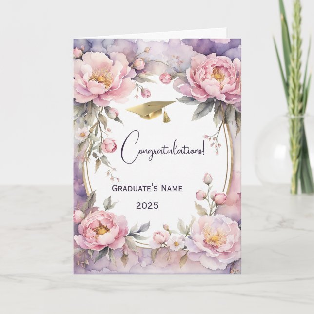 Stylish Pink Peony Oval Frame Graduation Card (Front)