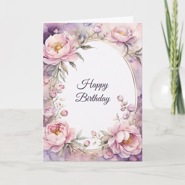 Stylish Pink Peony Watercolor Birthday Card (Front)