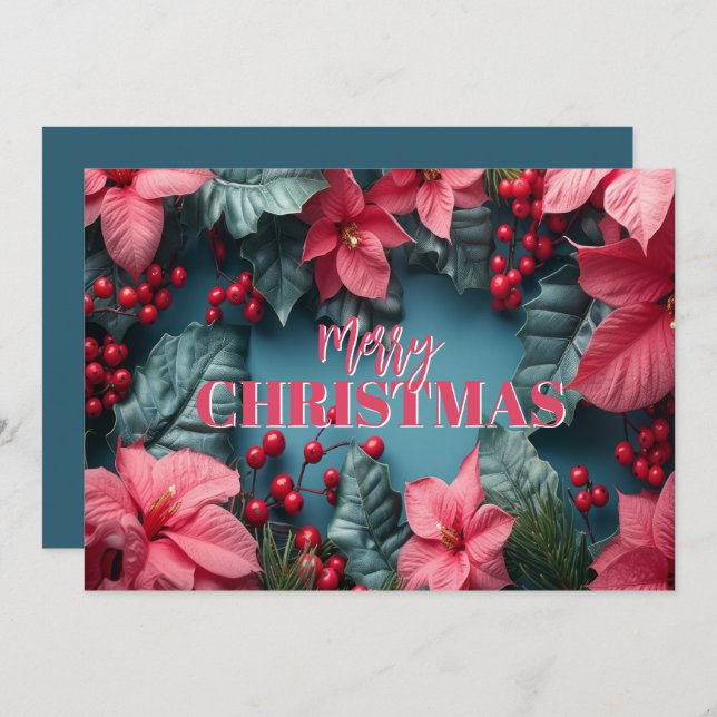 Stylish Pink Poinsettias Business Logo Christmas Holiday Card (Front/Back)