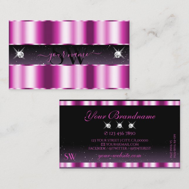Stylish Pink Purple Black Sparkle Jewels Monogram Business Card (Front/Back)