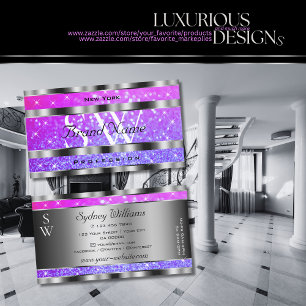 Stylish Pink Purple Glitter Stars Monogram Silver Business Card