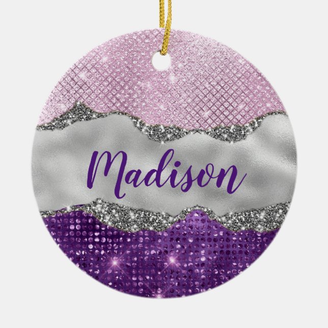 Stylish pink Purple glittery silver girly monogram Ceramic Tree Decoration (Front)