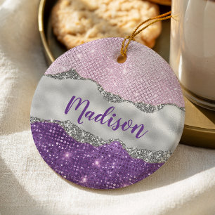Stylish pink Purple glittery silver girly monogram Ceramic Tree Decoration