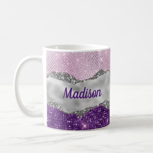 Stylish pink Purple glittery silver girly monogram Coffee Mug (Left)