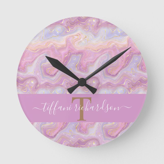  Stylish Pink Purple Gold Agate Geode Round Clock (Front)