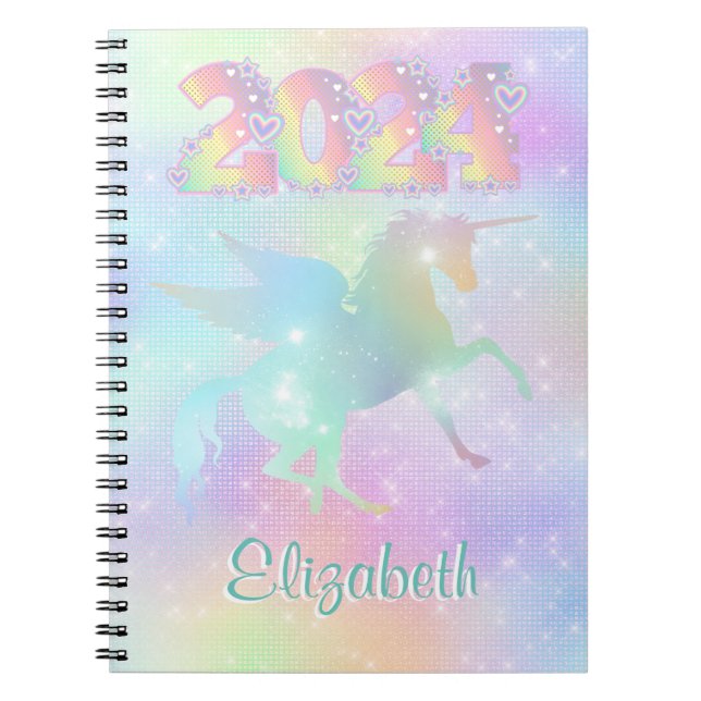 Stylish Pink Rainbow unicorn Glitter 2024 Notebook (Front)