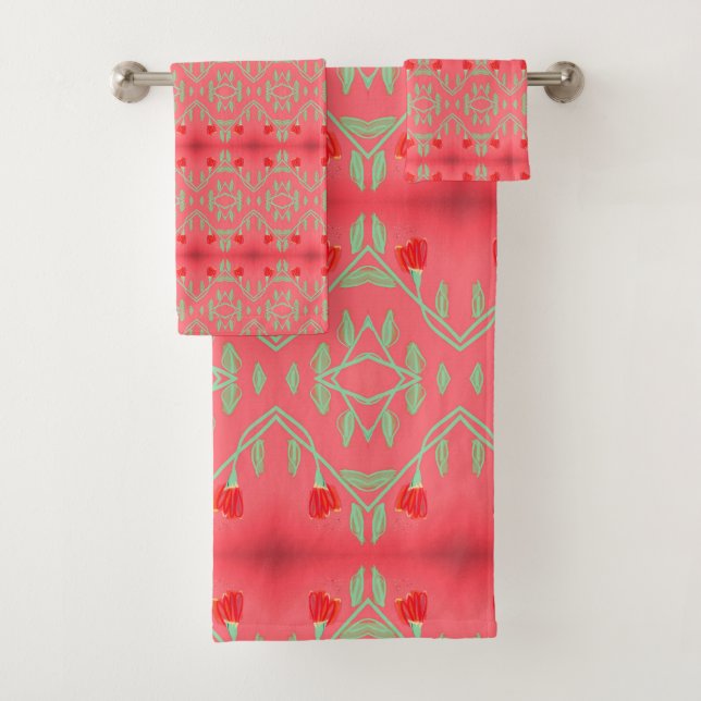 Stylish Pink Red And Mint Green Floral Bath Towel Set (Insitu)