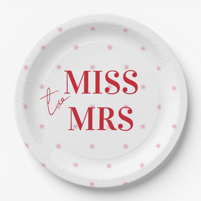 Stylish Pink Red Stars Miss to Mrs Bridal Shower Paper Plate (Front)