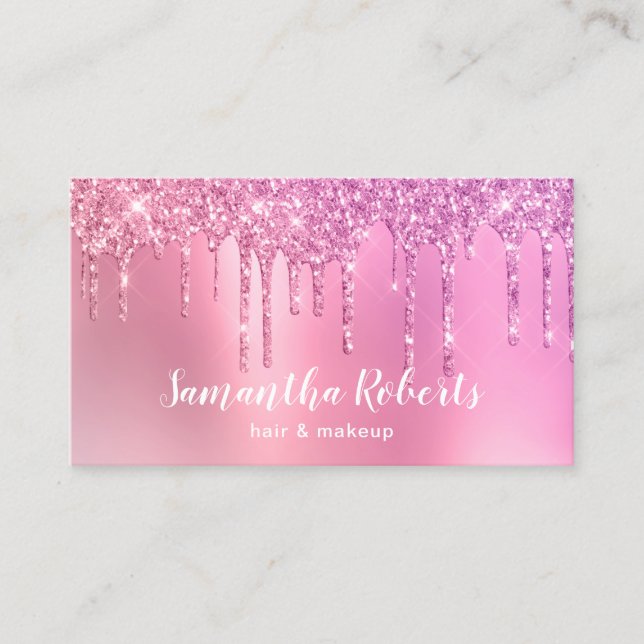 Stylish pink rose gold glitter drips hair & makeup business card (Front)