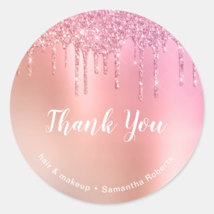 Stylish pink rose gold glitter drips hair & makeup classic round sticker