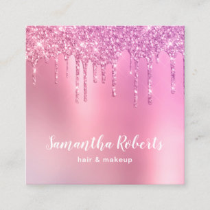 Stylish pink rose gold glitter drips hair & makeup square business card