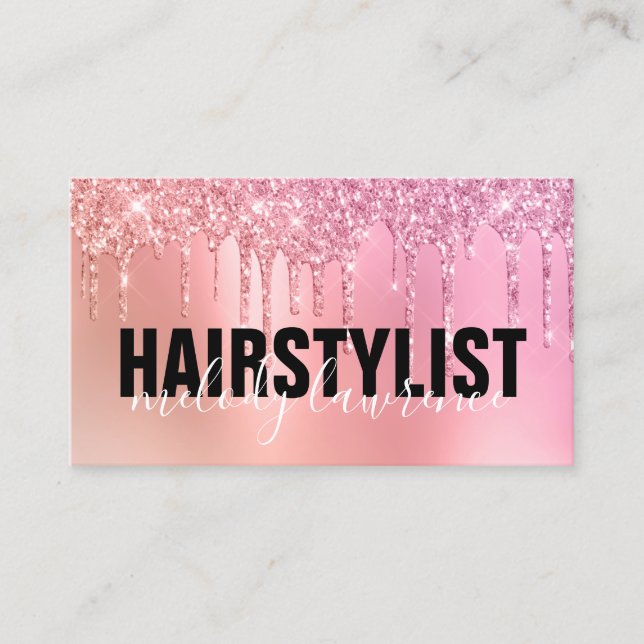 Stylish pink rose gold glitter drips hairstylist business card (Front)
