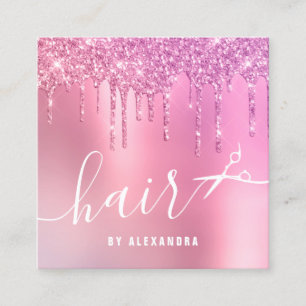 Stylish pink rose gold glitter drips scissors hair square business card