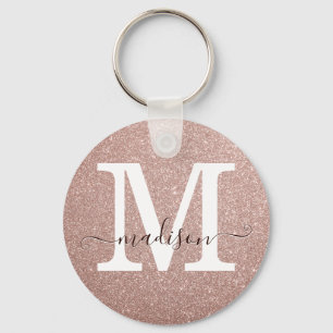 Stylish Pink Rose Gold Glitter Monogram Script Key Ring