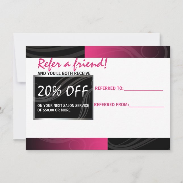 stylish pink scissor hair salon referral card (Front)