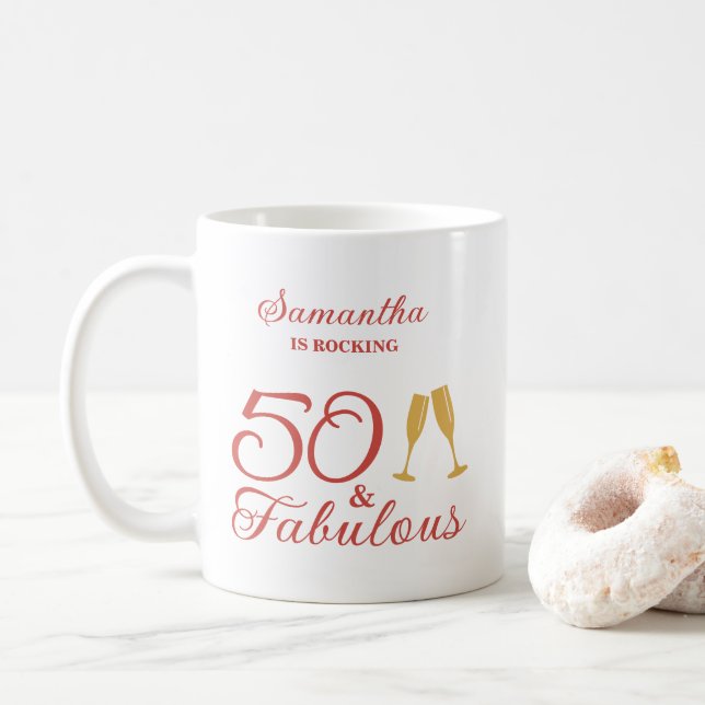 Stylish Pink Script 50 & Fabulous Birthday Coffee Mug (With Donut)