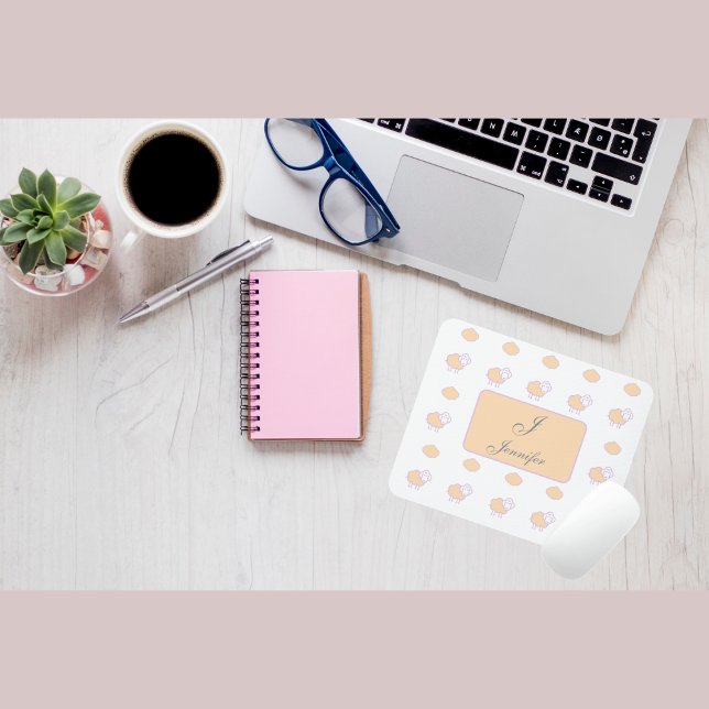 Stylish Pink Sheep With Clouds Pattern Monogram  Mouse Mat (Creator Uploaded)