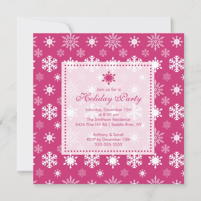 Stylish Pink Snowflakes Holiday Party Invitation (Front)