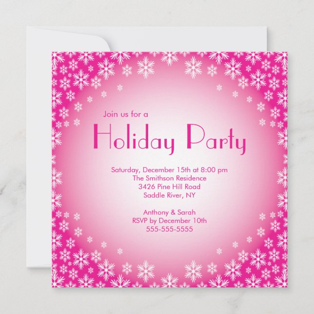 Stylish Pink Snowflakes Holiday Party Invitation (Front)